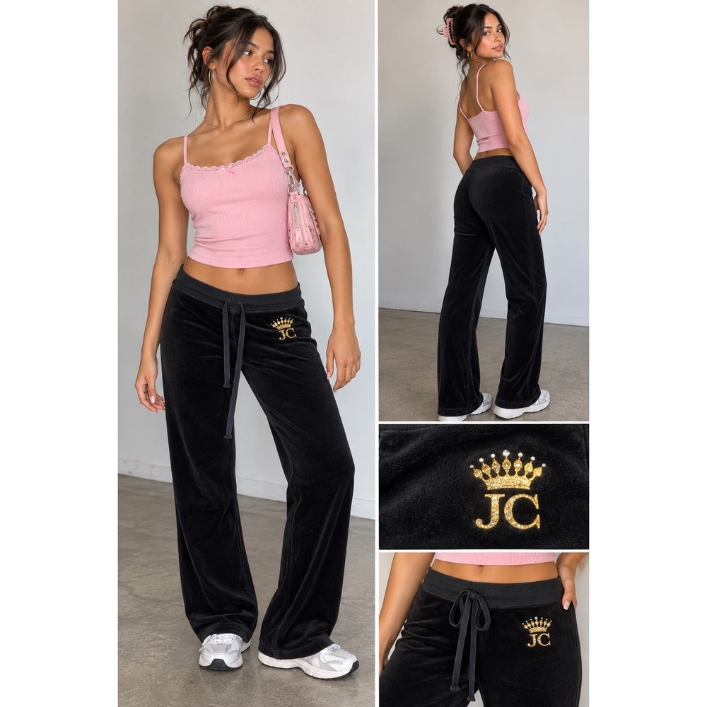 Juicy Couture Velour Pants S Black Gold Crown Rhinestone Wide Leg Y2K McBling